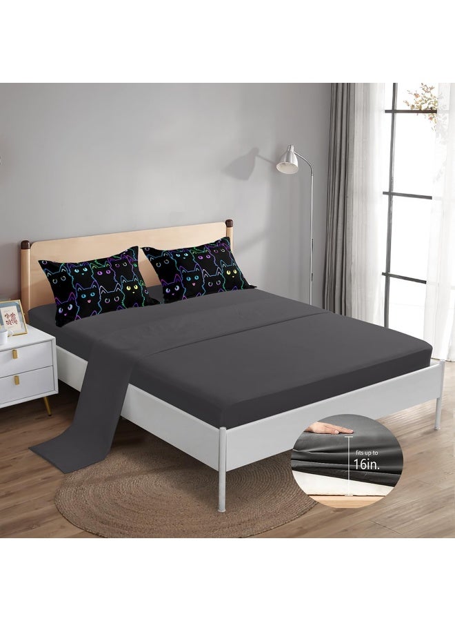 ROWADALO 6 Piece Cat Comforter Set Queen Size Bed in A Bag set Cute Black Cat Bedding Set for Girls Boys Kids Teens (with 1 Comforter,1 Flat Sheet,1 Fitted Sheet,2 Pillowcases,1Cushion Cover)Cats 5001-6Pcs Q - Image 5